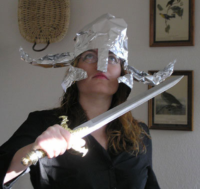 Editor Emeritus Alexandra Queen in a tin foil hat.