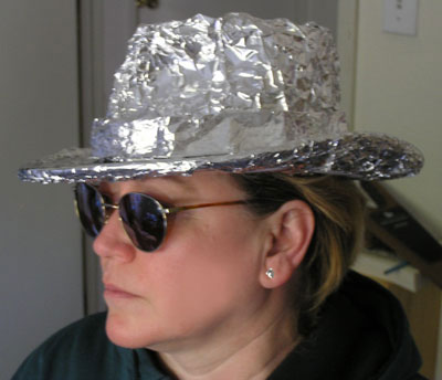 Managing Editor Sand Pilarski in a tin foil hat.