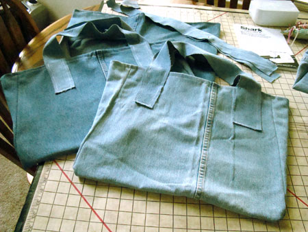 denim shopping bags made from blue jeans