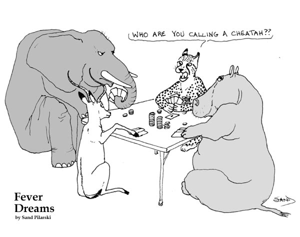 An elephant, an antelope, a hippopotamus and a cheetah sit around a card table playing poker