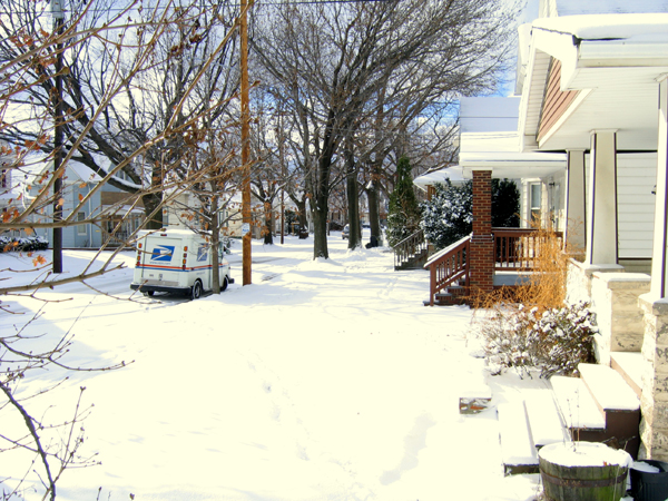 A newly-fallen snow on an Ohio neighborhood