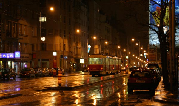 Prague street in the rain.  Photo by Jerry Seeger, copyright 2005, all rights reserved.