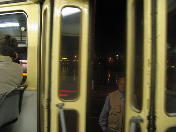 Tram seven, evening, Prague. In the background is the Vltava river.