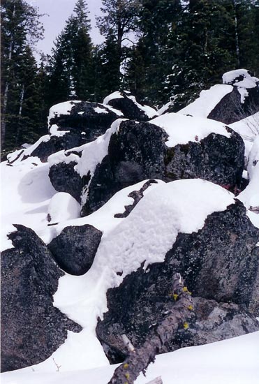 snow on rocks at Lassen Volcanic National Park.